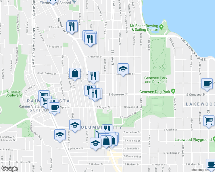 map of restaurants, bars, coffee shops, grocery stores, and more near 4214 37th Avenue South in Seattle