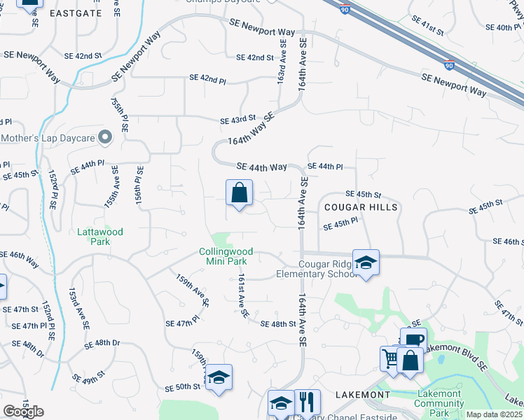 map of restaurants, bars, coffee shops, grocery stores, and more near 16148 Southeast 45th Court in Bellevue
