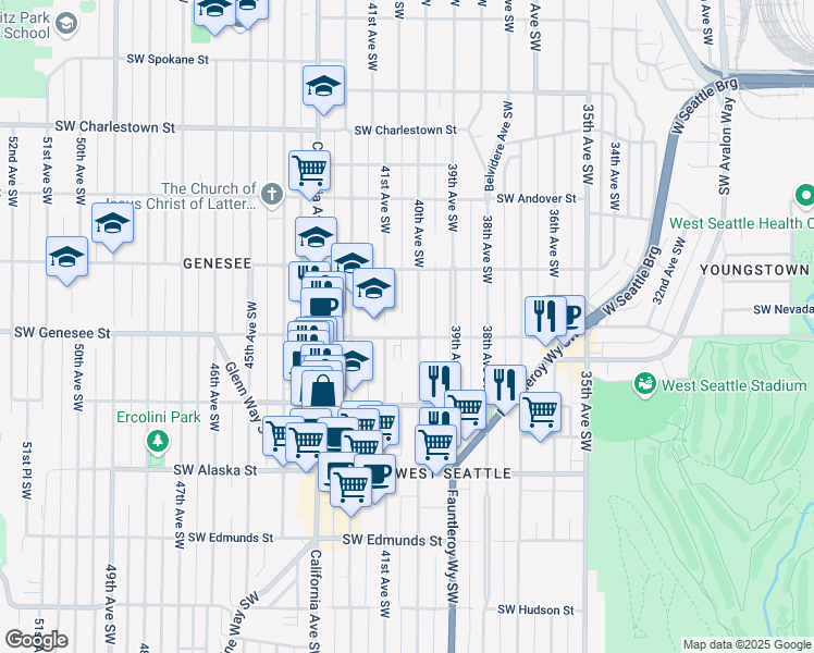 map of restaurants, bars, coffee shops, grocery stores, and more near 4151 40th Avenue Southwest in Seattle