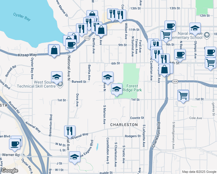 map of restaurants, bars, coffee shops, grocery stores, and more near 134 Marion Avenue North in Bremerton