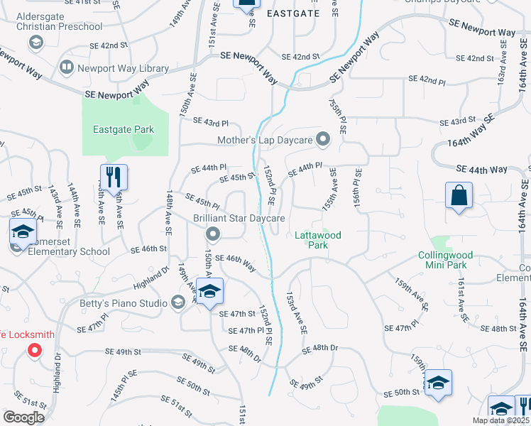 map of restaurants, bars, coffee shops, grocery stores, and more near 4511 152nd Place Southeast in Bellevue