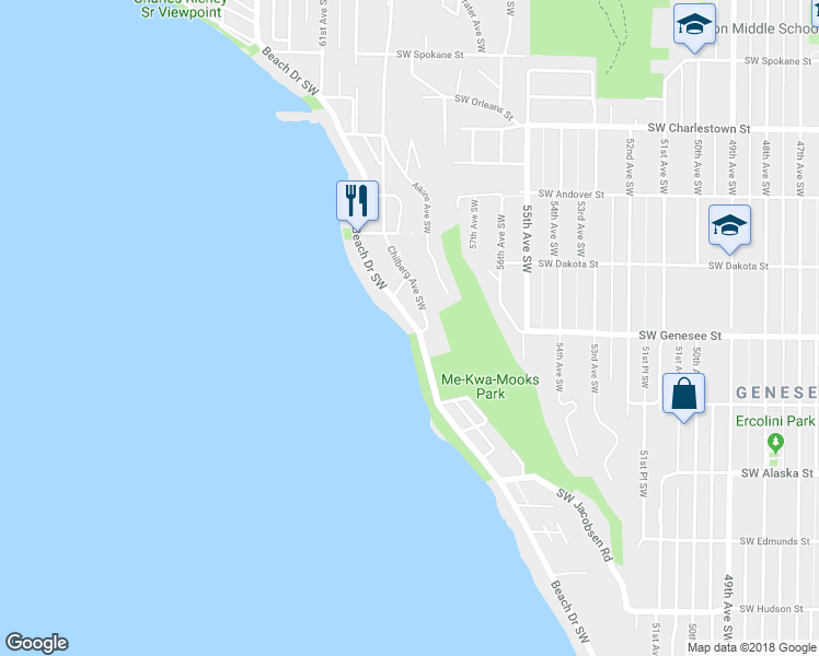 map of restaurants, bars, coffee shops, grocery stores, and more near 4233 Beach Drive Southwest in Seattle