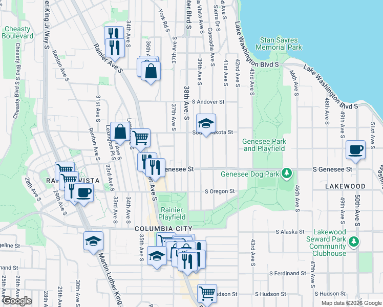 map of restaurants, bars, coffee shops, grocery stores, and more near 4140 38th Avenue South in Seattle