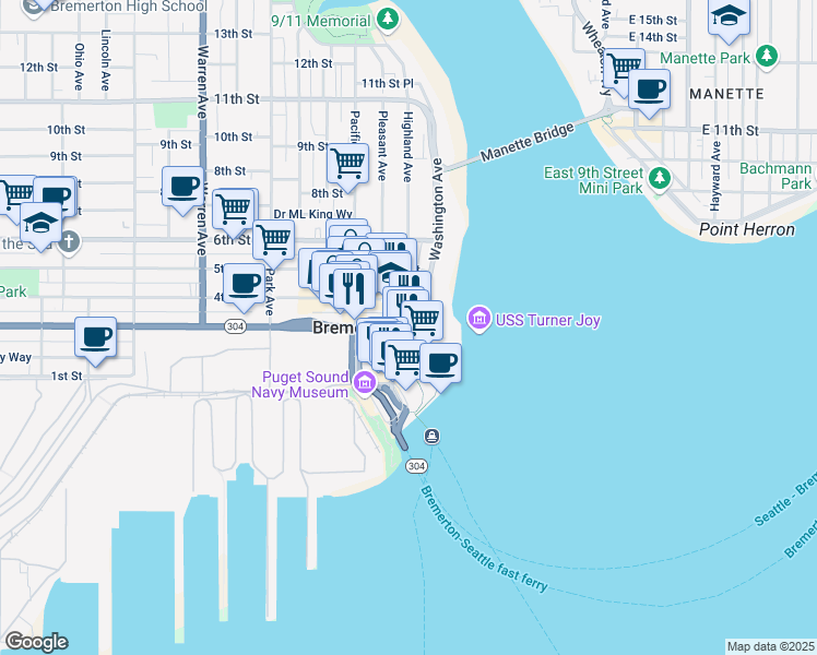 map of restaurants, bars, coffee shops, grocery stores, and more near 212 Burwell Street in Bremerton