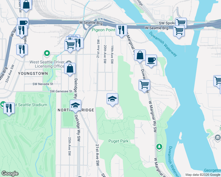 map of restaurants, bars, coffee shops, grocery stores, and more near 1900 Southwest Genesee Street in Seattle