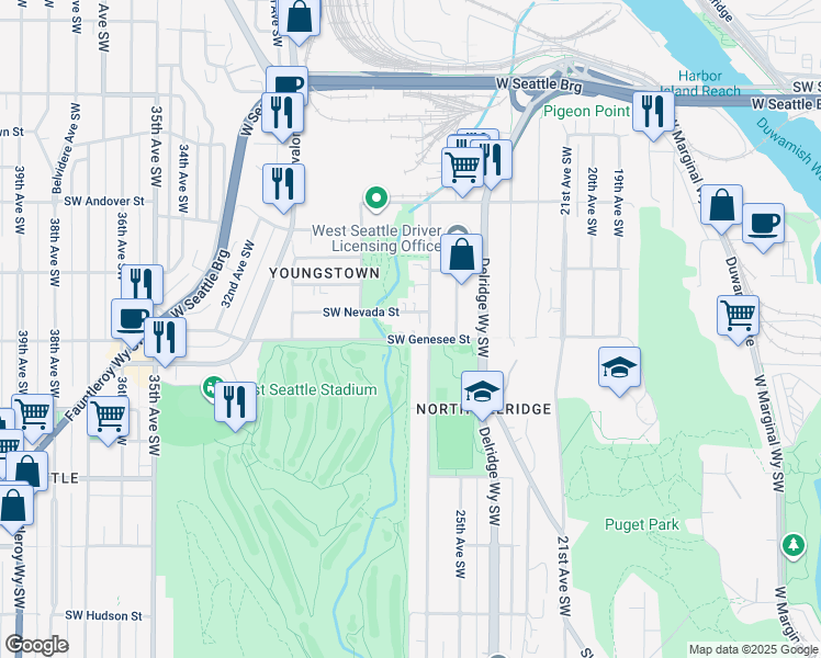map of restaurants, bars, coffee shops, grocery stores, and more near 4313 26th Avenue Southwest in Seattle