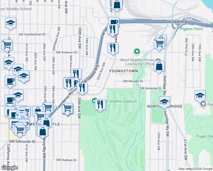 map of restaurants, bars, coffee shops, grocery stores, and more near 3014 Southwest Genesee Street in Seattle