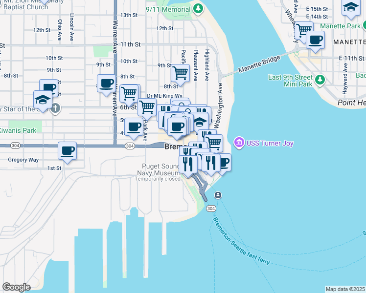 map of restaurants, bars, coffee shops, grocery stores, and more near 252 4th Street in Bremerton