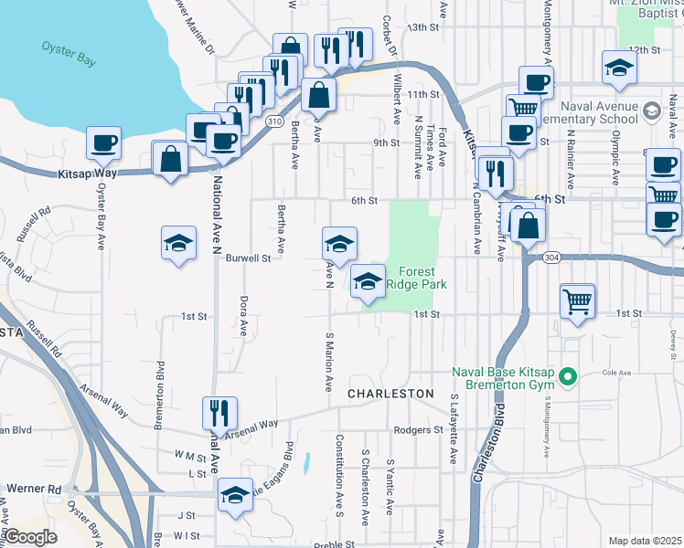 map of restaurants, bars, coffee shops, grocery stores, and more near 133 Marion Avenue North in Bremerton