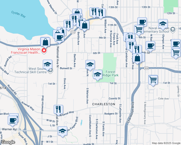 map of restaurants, bars, coffee shops, grocery stores, and more near 134 Marion Avenue North in Bremerton
