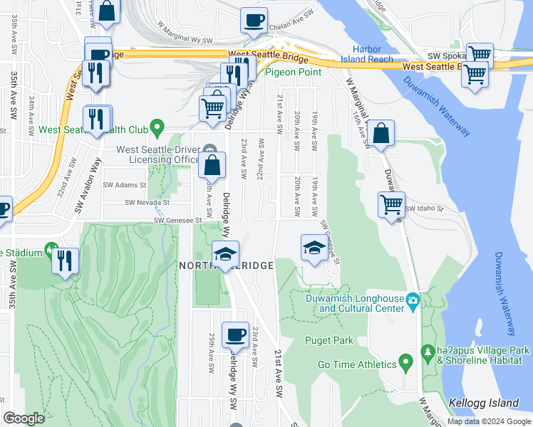 map of restaurants, bars, coffee shops, grocery stores, and more near 4150 22nd Avenue Southwest in Seattle
