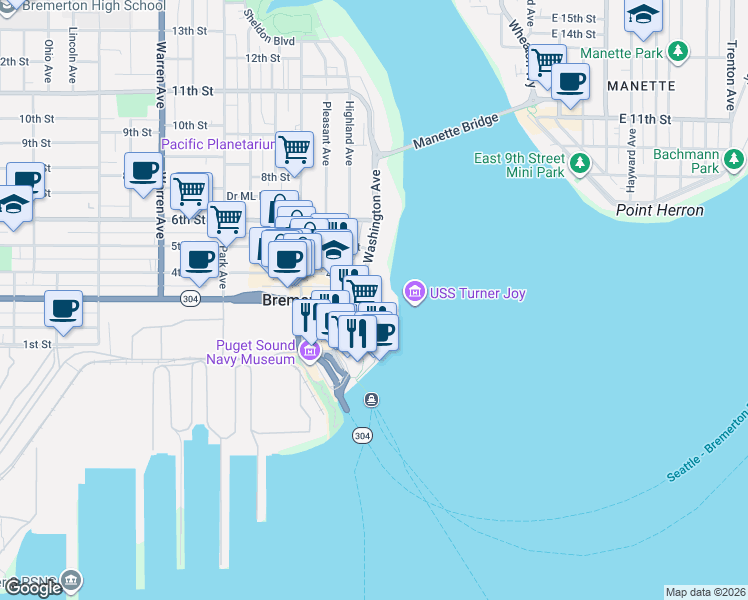 map of restaurants, bars, coffee shops, grocery stores, and more near 320 Washington Avenue in Bremerton