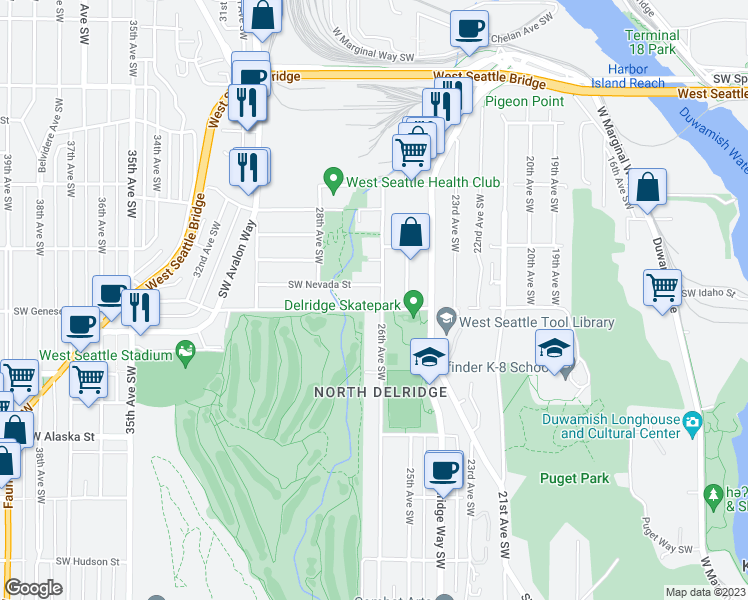 map of restaurants, bars, coffee shops, grocery stores, and more near 4313 26th Avenue Southwest in Seattle