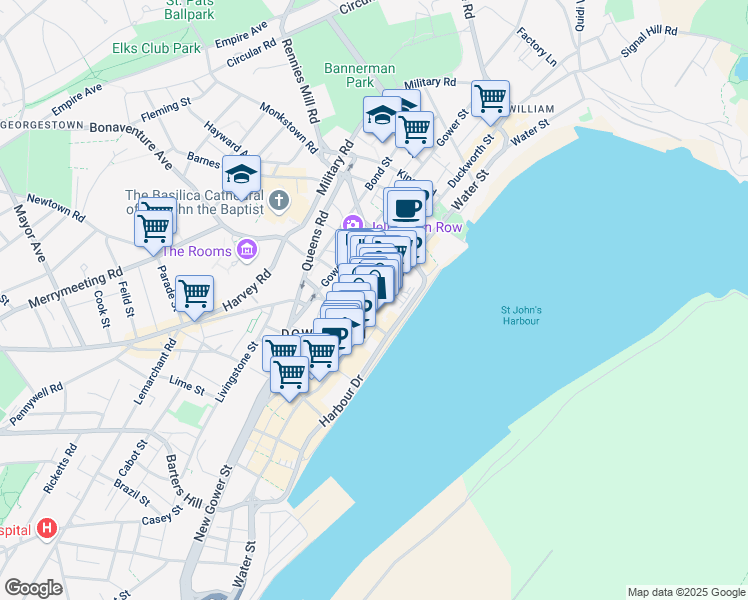 map of restaurants, bars, coffee shops, grocery stores, and more near 174 Water Street in St. John's