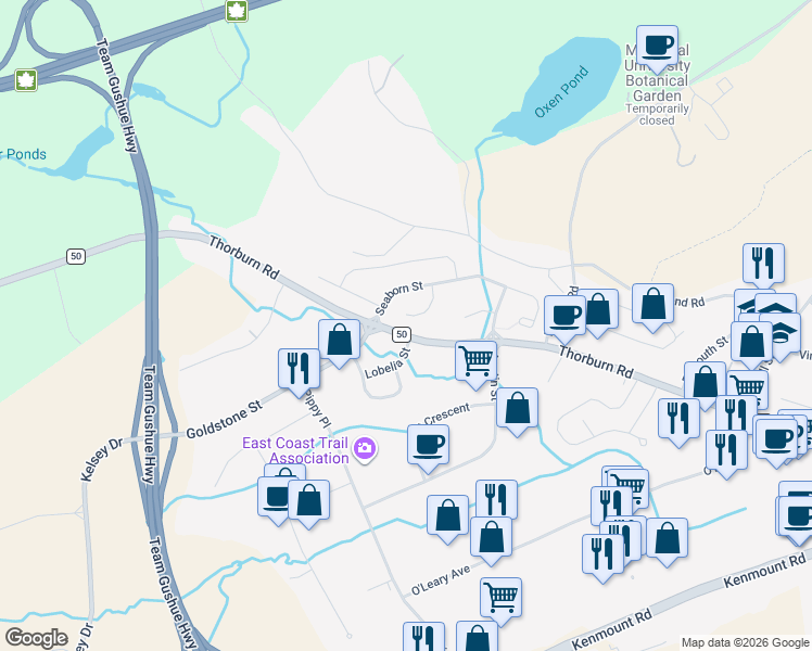 map of restaurants, bars, coffee shops, grocery stores, and more near 13 Meeker Place in St. John's