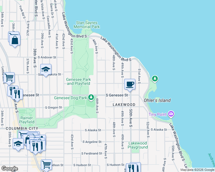 map of restaurants, bars, coffee shops, grocery stores, and more near 4204 47th Avenue South in Seattle