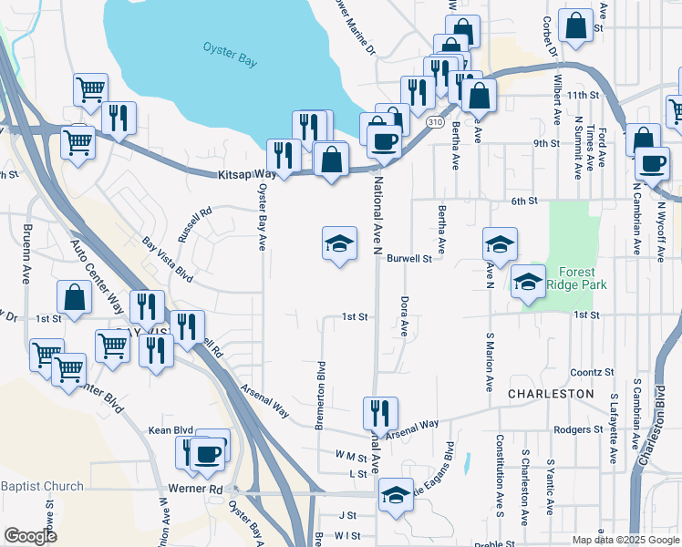 map of restaurants, bars, coffee shops, grocery stores, and more near 101 National Avenue North in Bremerton