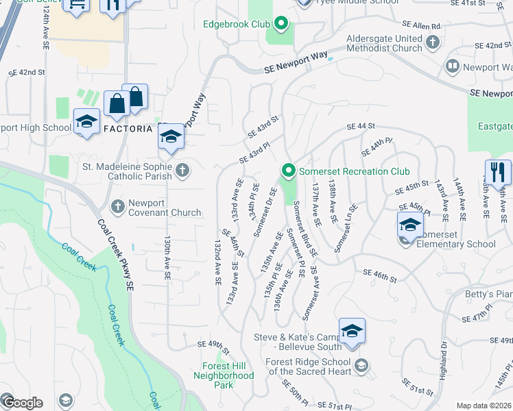 map of restaurants, bars, coffee shops, grocery stores, and more near 4502 134th Place Southeast in Bellevue