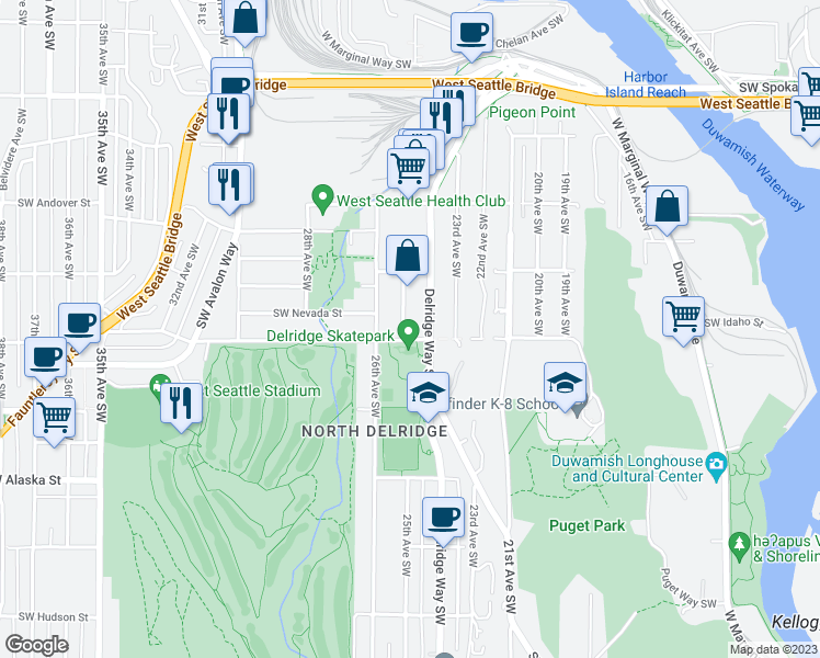 map of restaurants, bars, coffee shops, grocery stores, and more near 4150 25th Avenue Southwest in Seattle