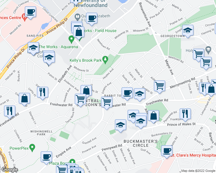 map of restaurants, bars, coffee shops, grocery stores, and more near 233 Empire Avenue in St. John's