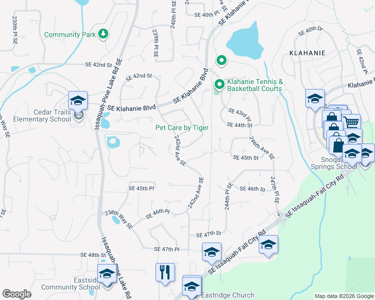 map of restaurants, bars, coffee shops, grocery stores, and more near 24215 Southeast 44th Place in Issaquah