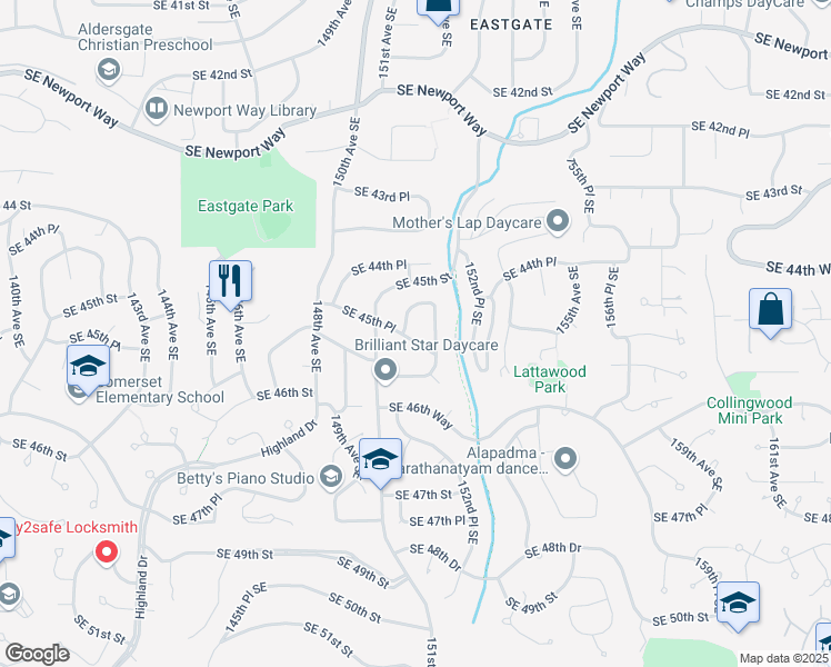 map of restaurants, bars, coffee shops, grocery stores, and more near 15030 Southeast 45th Place in Bellevue