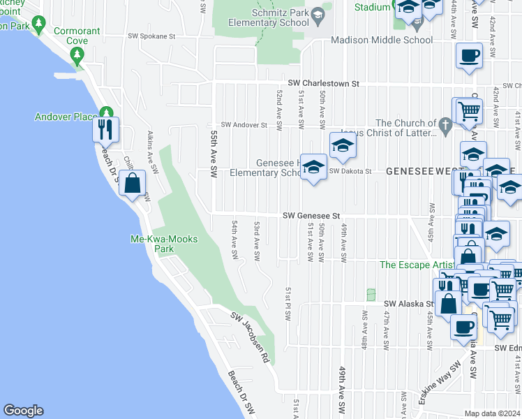 map of restaurants, bars, coffee shops, grocery stores, and more near 5220 Southwest Genesee Street in Seattle