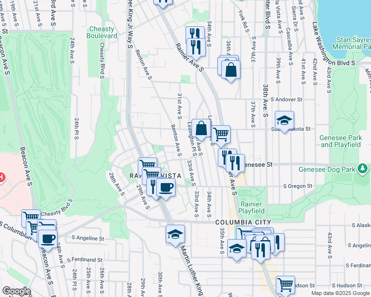 map of restaurants, bars, coffee shops, grocery stores, and more near 4138 Renton Avenue South in Seattle