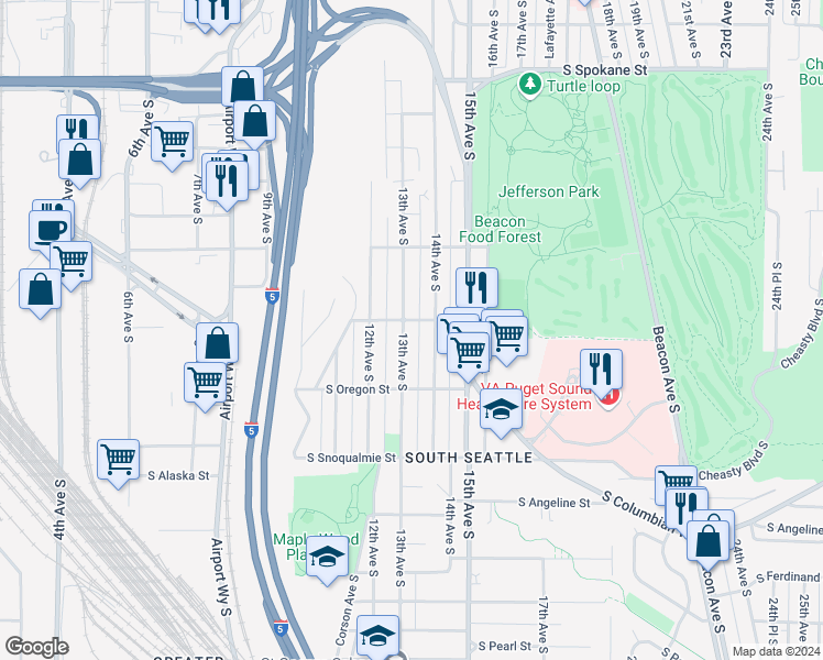map of restaurants, bars, coffee shops, grocery stores, and more near 4304 13th Avenue South in Seattle