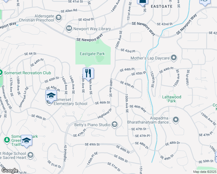 map of restaurants, bars, coffee shops, grocery stores, and more near 14719 Southeast 45th Place in Bellevue