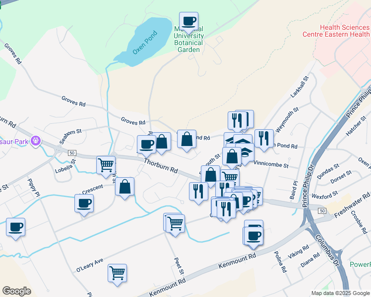 map of restaurants, bars, coffee shops, grocery stores, and more near 117 Cumberland Crescent in St. John's