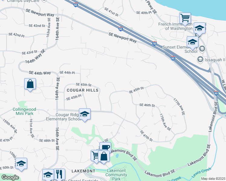 map of restaurants, bars, coffee shops, grocery stores, and more near 16912 Southeast 45th Street in Bellevue
