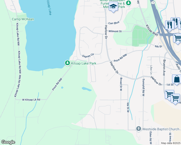 map of restaurants, bars, coffee shops, grocery stores, and more near 108 Sereno Circle Drive in Bremerton