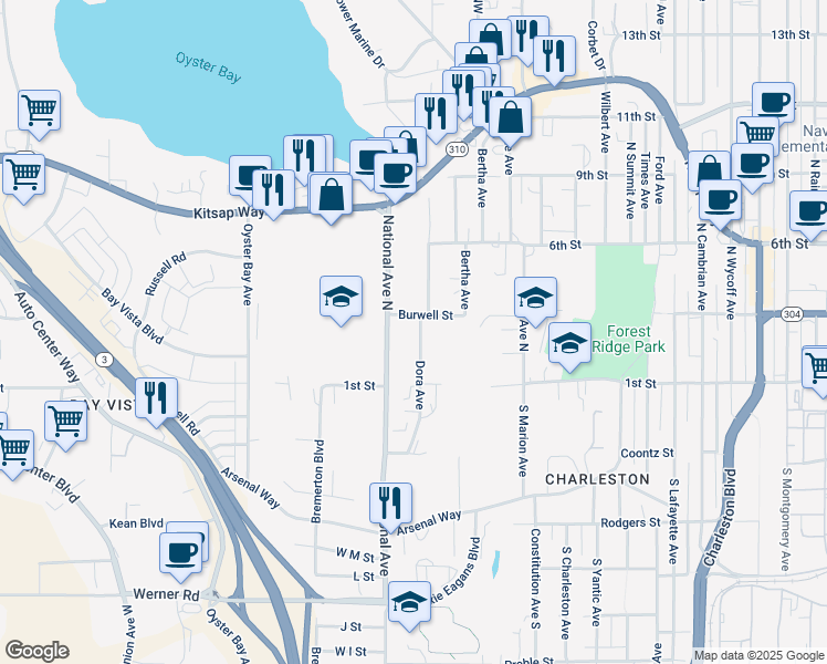 map of restaurants, bars, coffee shops, grocery stores, and more near 135 Dora Avenue in Bremerton