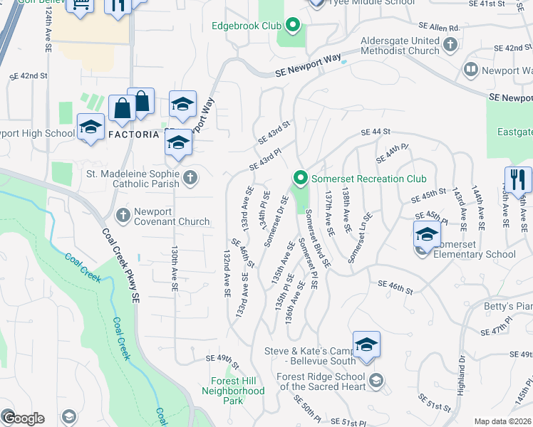 map of restaurants, bars, coffee shops, grocery stores, and more near 4502 134th Place Southeast in Bellevue