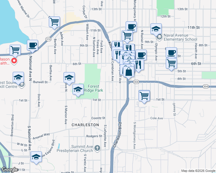 map of restaurants, bars, coffee shops, grocery stores, and more near 140 North Lafayette Avenue in Bremerton