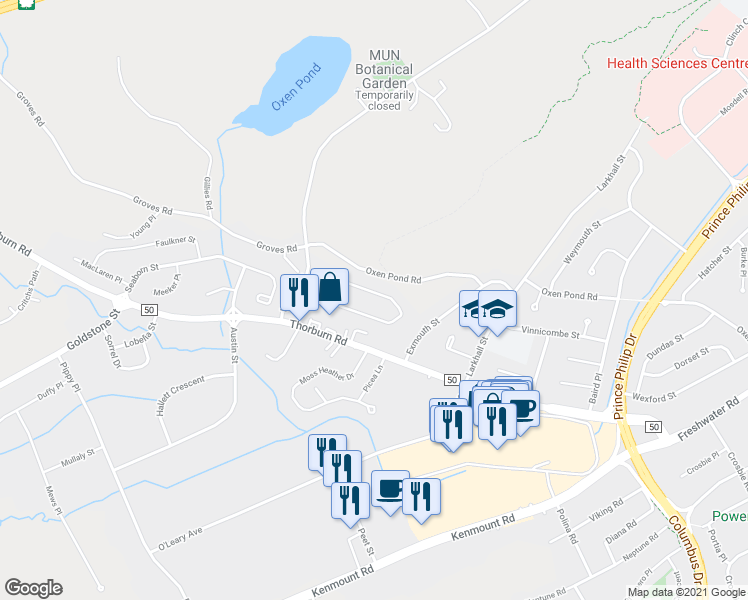 map of restaurants, bars, coffee shops, grocery stores, and more near 123 Cumberland Crescent in St. John's