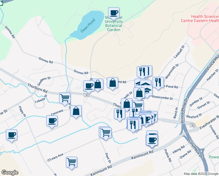 map of restaurants, bars, coffee shops, grocery stores, and more near 123 Cumberland Crescent in St. John's