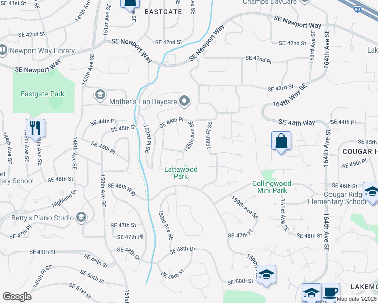 map of restaurants, bars, coffee shops, grocery stores, and more near 15503 Southeast 44th Court in Bellevue