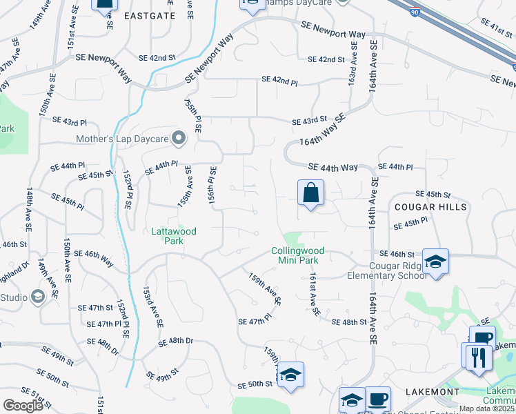 map of restaurants, bars, coffee shops, grocery stores, and more near 15824 Southeast 45th Street in Bellevue