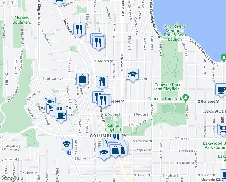 map of restaurants, bars, coffee shops, grocery stores, and more near 4214 37th Avenue South in Seattle