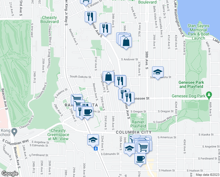 map of restaurants, bars, coffee shops, grocery stores, and more near 4216 34th Avenue South in Seattle