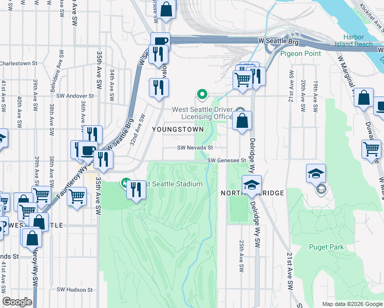 map of restaurants, bars, coffee shops, grocery stores, and more near 2809 Southwest Nevada Street in Seattle