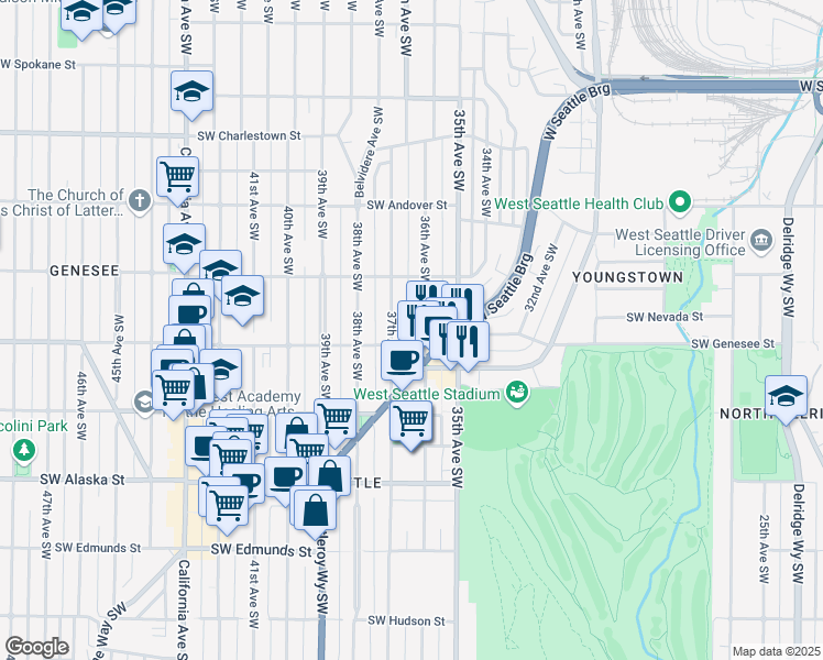 map of restaurants, bars, coffee shops, grocery stores, and more near 4200 36th Avenue Southwest in Seattle