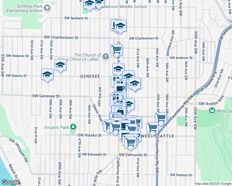 map of restaurants, bars, coffee shops, grocery stores, and more near 4154 California Avenue Southwest in Seattle