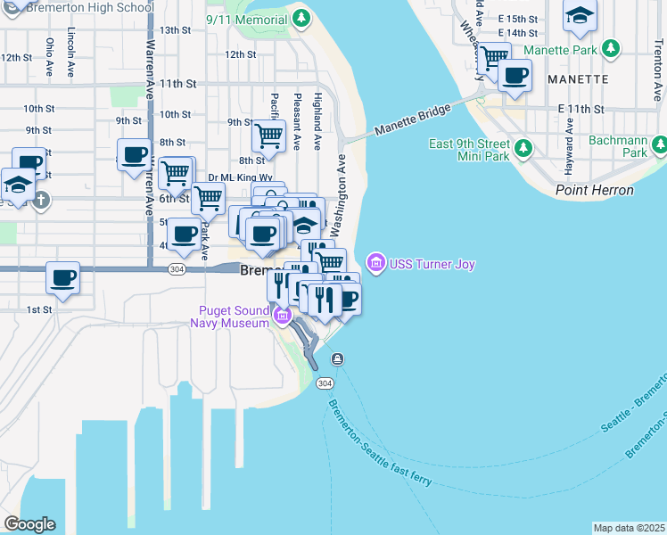 map of restaurants, bars, coffee shops, grocery stores, and more near 320 Washington Avenue in Bremerton