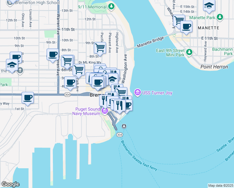 map of restaurants, bars, coffee shops, grocery stores, and more near 212 Burwell Street in Bremerton