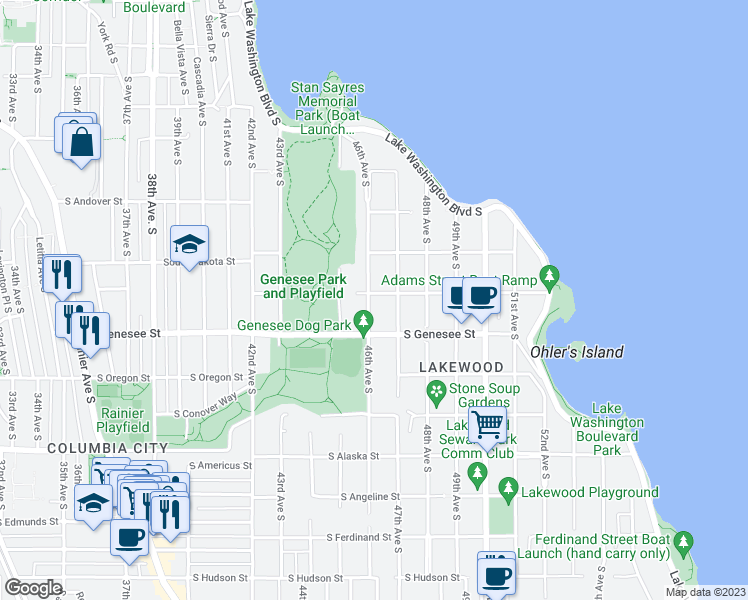 map of restaurants, bars, coffee shops, grocery stores, and more near 4603 South Adams Street in Seattle