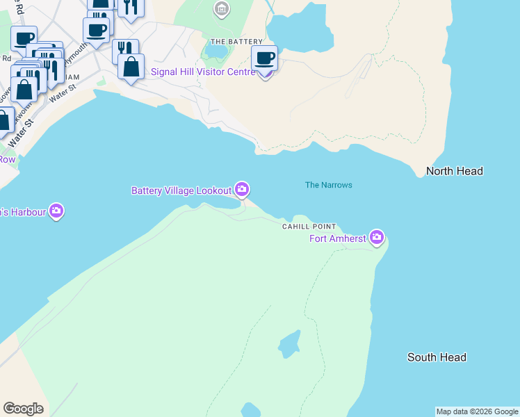 map of restaurants, bars, coffee shops, grocery stores, and more near 9 Fort Amherst Road in St. John's