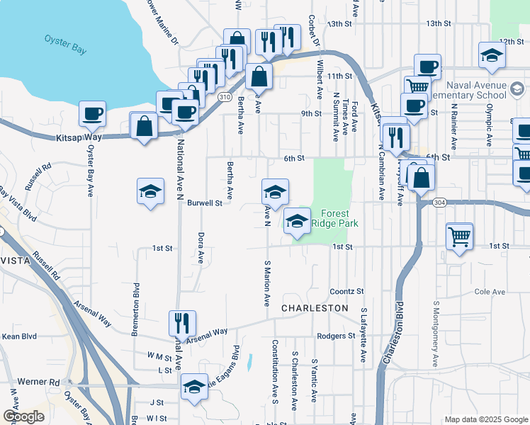 map of restaurants, bars, coffee shops, grocery stores, and more near 3503 Marion Court in Bremerton